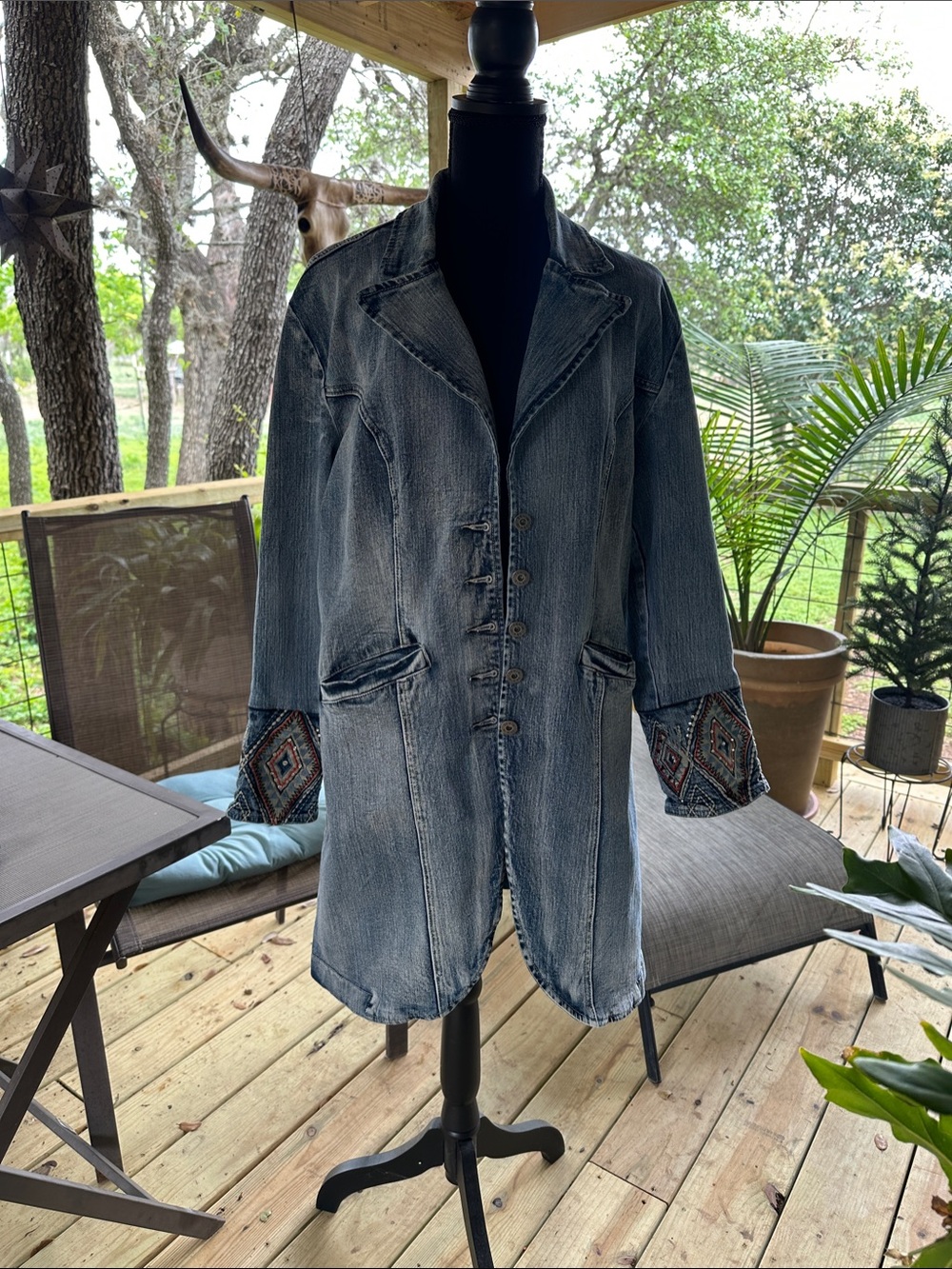 Washed Blue Denim Long Jean Jacket with Embroidered Cuffs